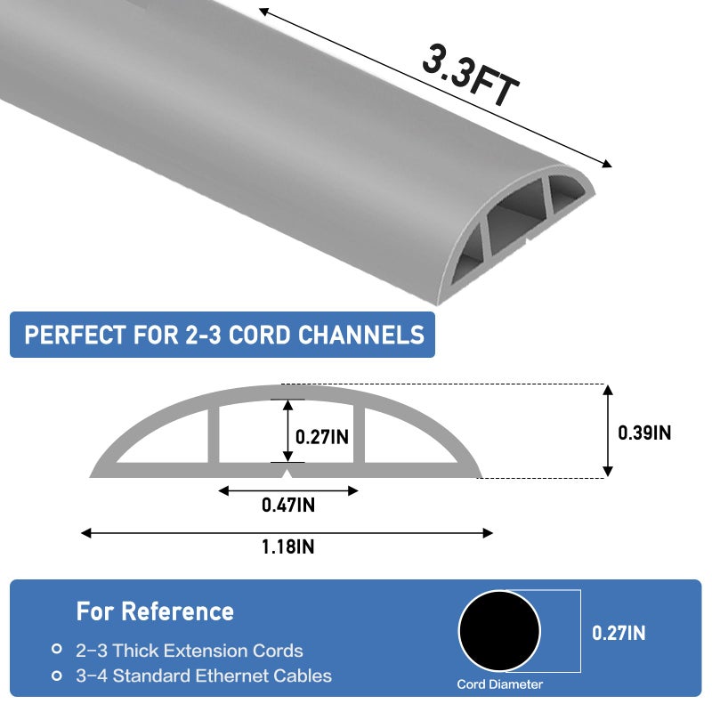 LSGCQ Floor Cord Cover Self Adhesive Cord Hider Floor Extension Cord Covers for Floor Power Cord Protector Cable Management Prevent Cable Trips Cable Cavity 0.47" W x 0.27" H (Grey, 3.3Ft) - Image 2