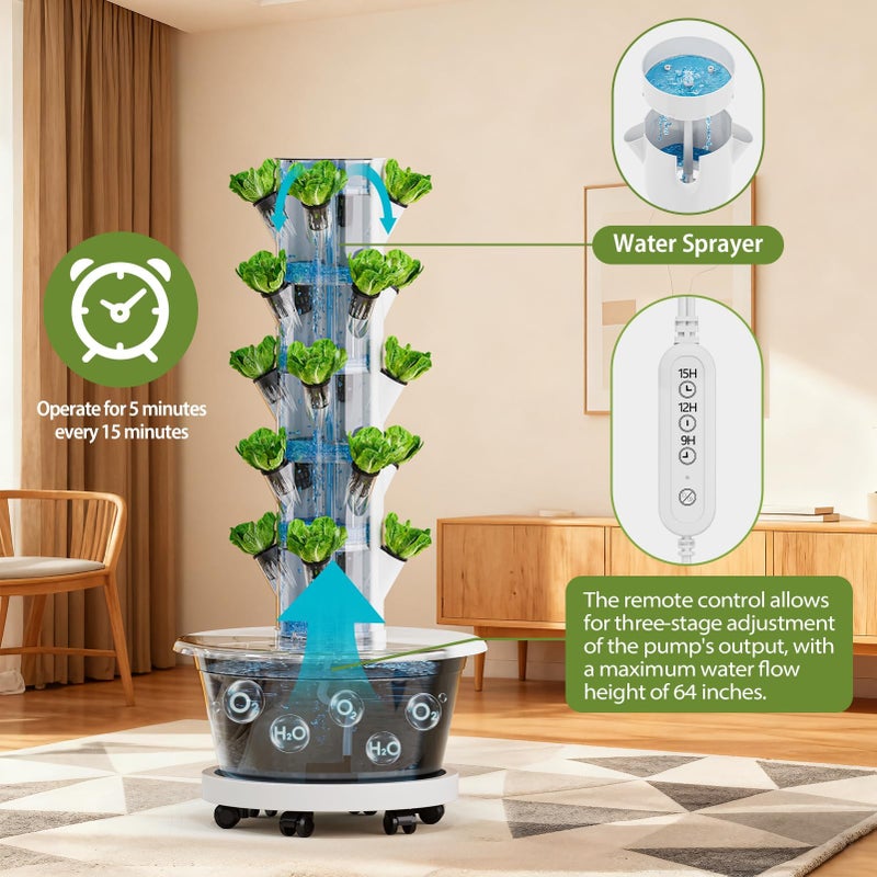 SPECILITE Hydroponics Growing System Kit, Movable Hydroponic Tower with 5 Tiers 20 Pods, Vertical Indoor & Outdoor Gardening System with Pump & Timer for Vegetables, Fruits, Herb - Image 4