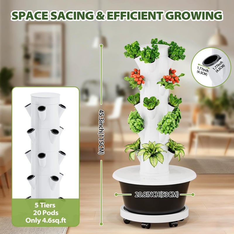 SPECILITE Hydroponics Growing System Kit, Movable Hydroponic Tower with 5 Tiers 20 Pods, Vertical Indoor & Outdoor Gardening System with Pump & Timer for Vegetables, Fruits, Herb - Image 3