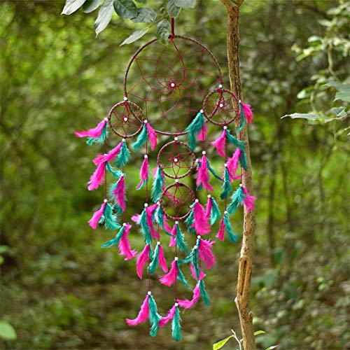 DULI Dream Catcher Traditional Indian Dreamcatcher Wall Art for Bedrooms, Home Wall, Hanging Design, Height 75 cm (Blue),Metal, Feathers Dreamcatcher (Big Pink Green DC) - Image 2