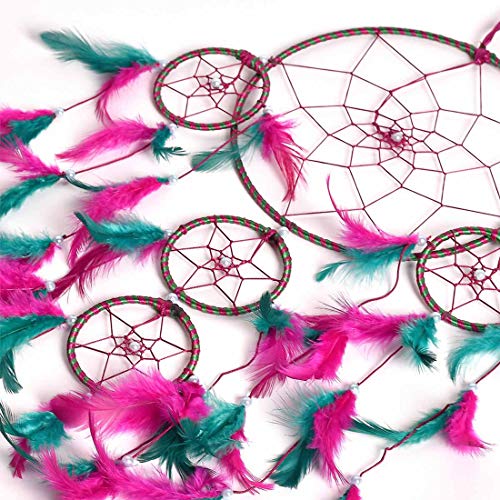 DULI Dream Catcher Traditional Indian Dreamcatcher Wall Art for Bedrooms, Home Wall, Hanging Design, Height 75 cm (Blue),Metal, Feathers Dreamcatcher (Big Pink Green DC) - Image 4