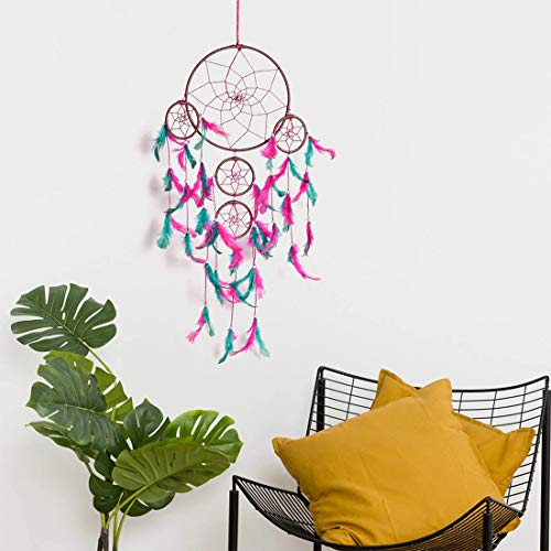DULI Dream Catcher Traditional Indian Dreamcatcher Wall Art for Bedrooms, Home Wall, Hanging Design, Height 75 cm (Blue),Metal, Feathers Dreamcatcher (Big Pink Green DC) - Image 1