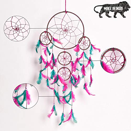 DULI Dream Catcher Traditional Indian Dreamcatcher Wall Art for Bedrooms, Home Wall, Hanging Design, Height 75 cm (Blue),Metal, Feathers Dreamcatcher (Big Pink Green DC) - Image 5