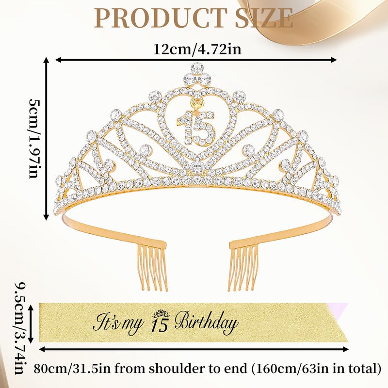 CUBACO 15th Birthday Decorations for Girls with 15th Gold Birthday Crown/Tiara and Sash Coronas Para 15 aÃ±os Quinceanera Decorations 15 Birthday Party Gifts - Image 4
