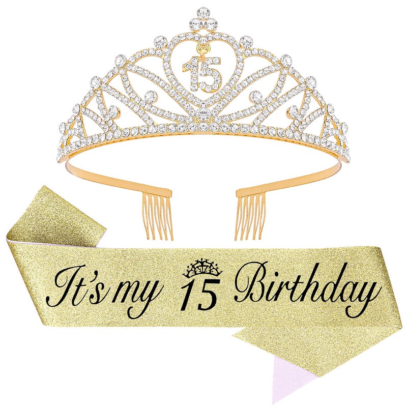 CUBACO 15th Birthday Decorations for Girls with 15th Gold Birthday Crown/Tiara and Sash Coronas Para 15 aÃ±os Quinceanera Decorations 15 Birthday Party Gifts - Image 1
