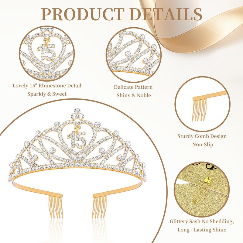 CUBACO 15th Birthday Decorations for Girls with 15th Gold Birthday Crown/Tiara and Sash Coronas Para 15 aÃ±os Quinceanera Decorations 15 Birthday Party Gifts - Image 3