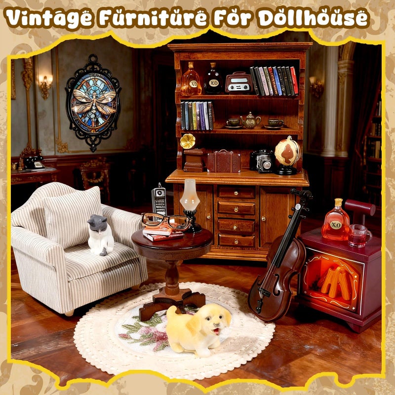 Furjane 1ï¼š12 Scale Miniature House Furniture Set Classic Mini Furniture Sofa Set with Pillows Mini Couch Carpet Wooden Furnitures Bookshelf Desk Chair Living Room Scene Decor - Image 5