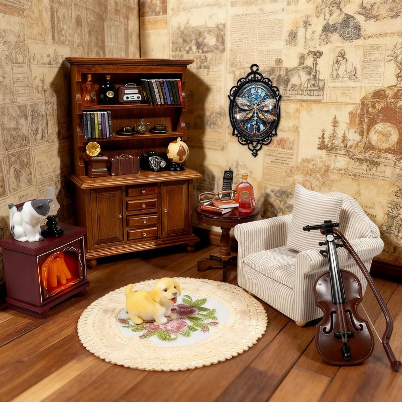 Furjane 1ï¼š12 Scale Miniature House Furniture Set Classic Mini Furniture Sofa Set with Pillows Mini Couch Carpet Wooden Furnitures Bookshelf Desk Chair Living Room Scene Decor - Image 2