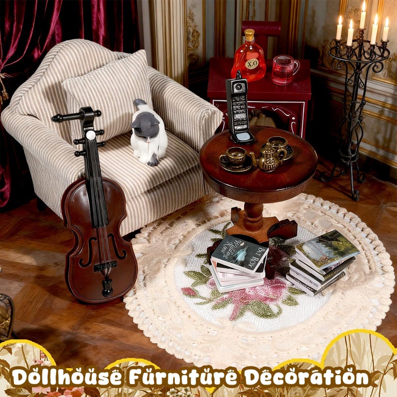 Furjane 1ï¼š12 Scale Miniature House Furniture Set Classic Mini Furniture Sofa Set with Pillows Mini Couch Carpet Wooden Furnitures Bookshelf Desk Chair Living Room Scene Decor - Image 4