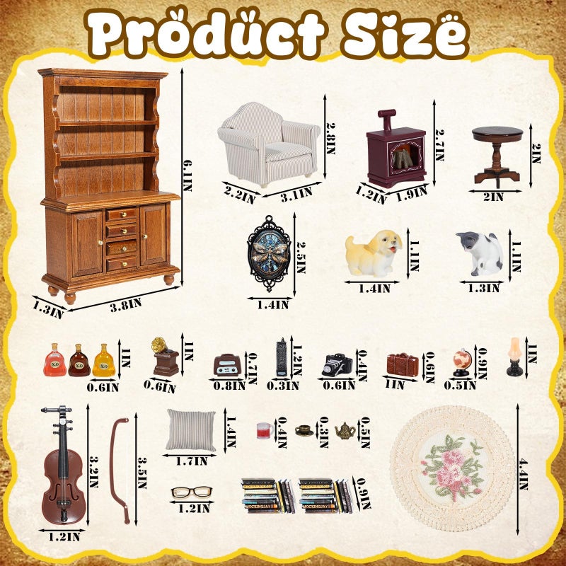 Furjane 1ï¼š12 Scale Miniature House Furniture Set Classic Mini Furniture Sofa Set with Pillows Mini Couch Carpet Wooden Furnitures Bookshelf Desk Chair Living Room Scene Decor - Image 3