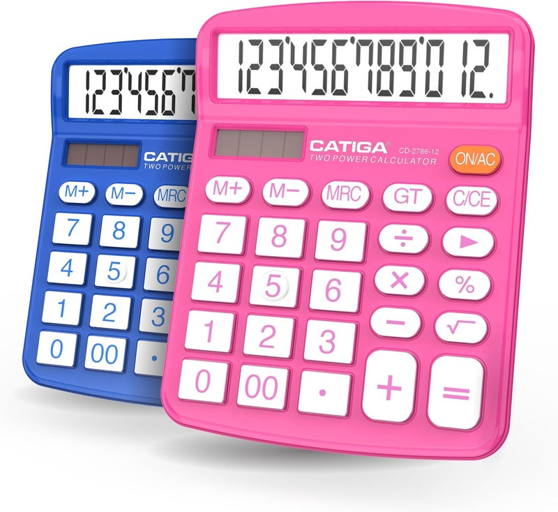CATIGA Desktop Calculator (2 Pack) 12 Digit with Large LCD Display and Sensitive Button, Solar and Battery Dual Power, Standard Function for Office, Home, School, CD-2786 (Blue/Pink) - Image 1