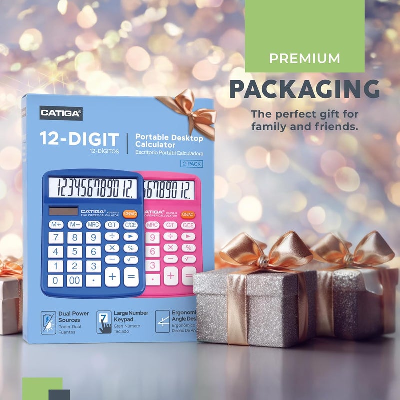 CATIGA Desktop Calculator (2 Pack) 12 Digit with Large LCD Display and Sensitive Button, Solar and Battery Dual Power, Standard Function for Office, Home, School, CD-2786 (Blue/Pink) - Image 2