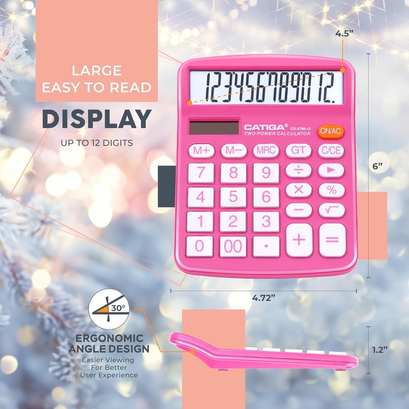 CATIGA Desktop Calculator (2 Pack) 12 Digit with Large LCD Display and Sensitive Button, Solar and Battery Dual Power, Standard Function for Office, Home, School, CD-2786 (Blue/Pink) - Image 3