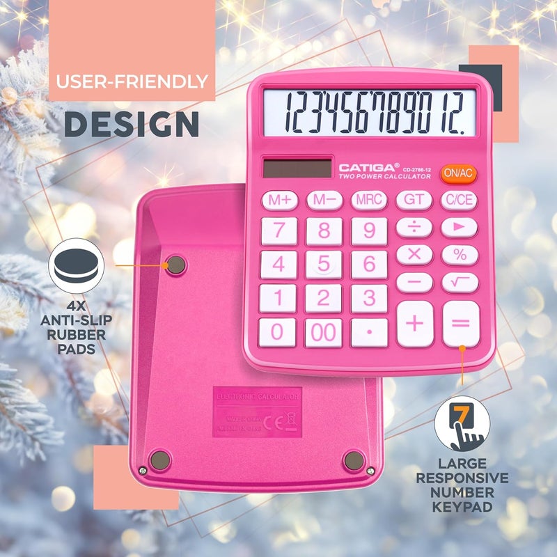 CATIGA Desktop Calculator (2 Pack) 12 Digit with Large LCD Display and Sensitive Button, Solar and Battery Dual Power, Standard Function for Office, Home, School, CD-2786 (Blue/Pink) - Image 5