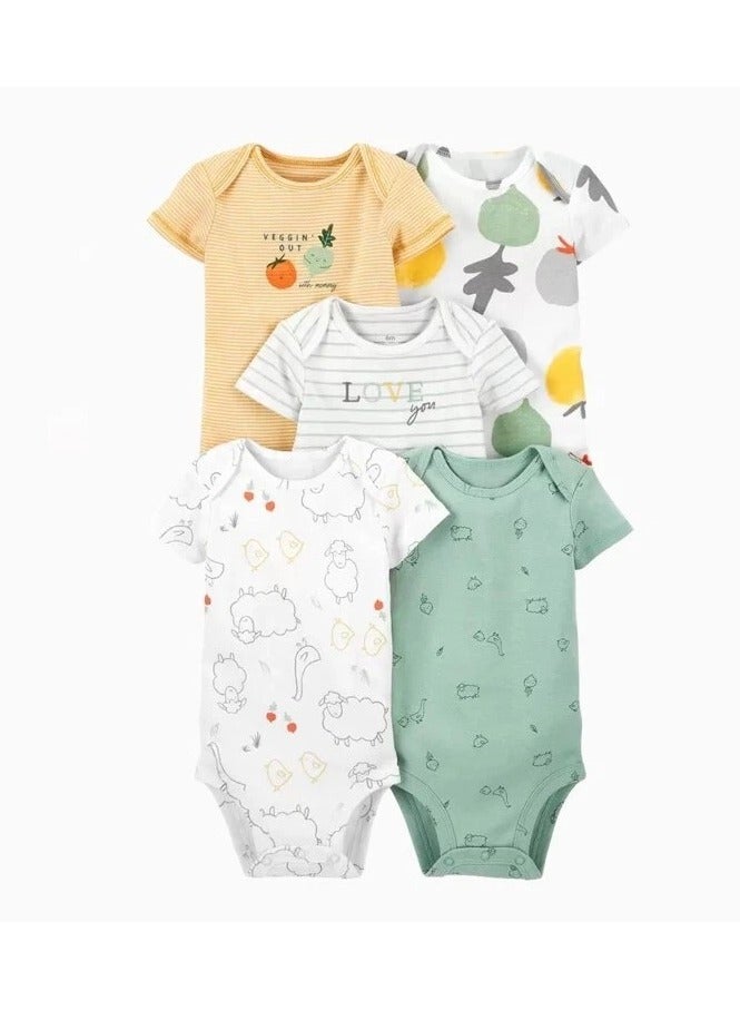 5 Piece Baby Boys Girls Bodysuit Set Soft Breathable Summer Baby Bodysuit Half Sleeve Onesie Pajama Set