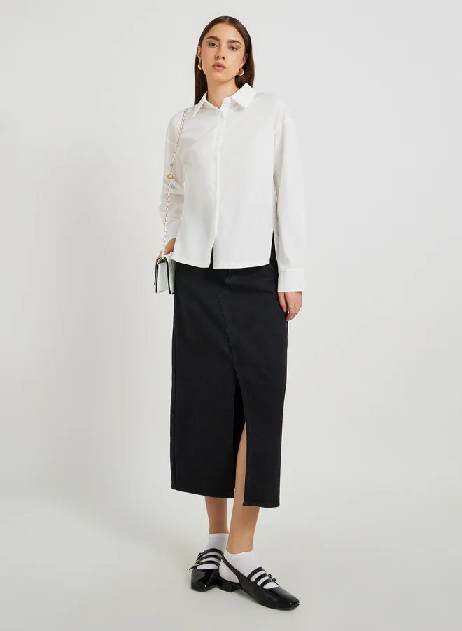 تايك تو Take Two Solid Spread Collar Long Sleeve Shirt