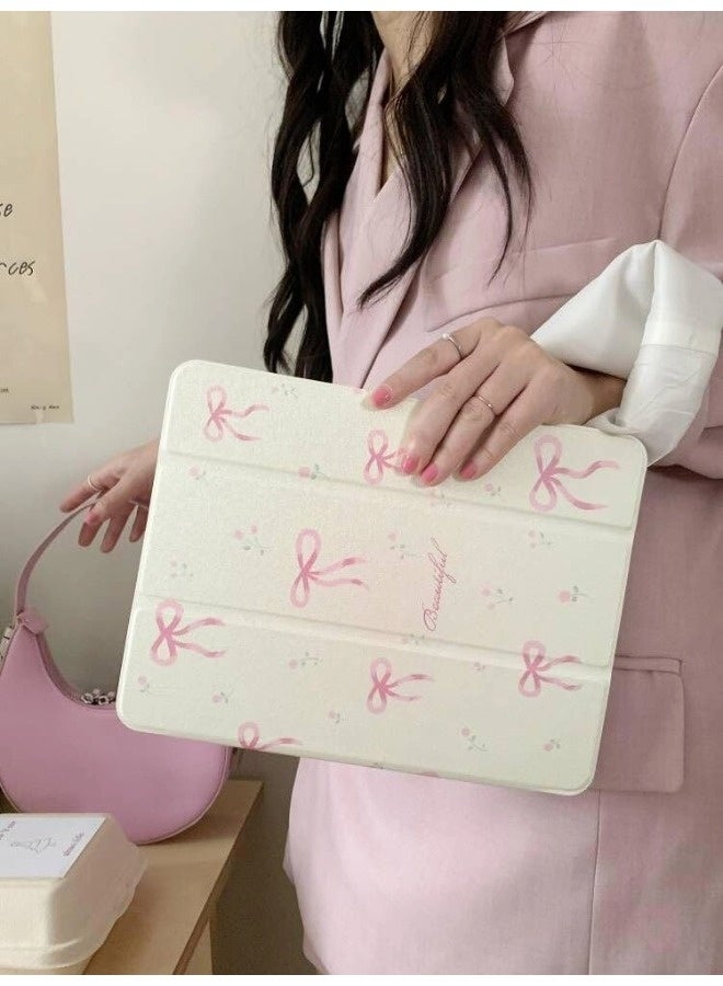 ShebSheb Adjustable Kickstand Mirror Leather Hard Folio Case for iPad 9th/8th/7th 10.2 Inch Cream White Color Pink Bow Ribbon Beautiful Floral Cute Chic Adorable Lovely Girls Kids  - Image 2