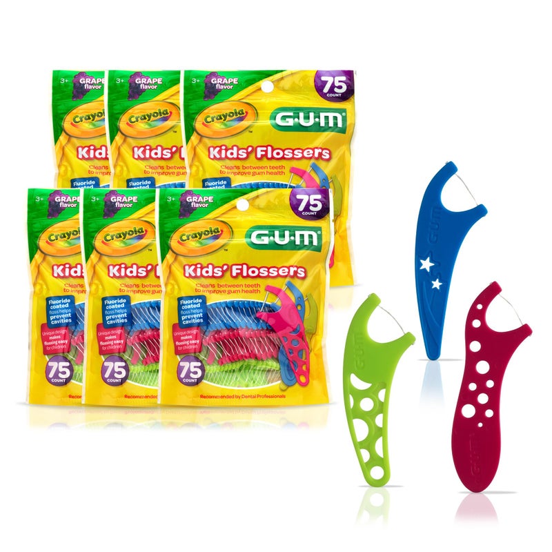 GUM Crayola Kids Flossers with Fluoride - Designed for Little Hands - Fun Grape Flavor - Easy to Use Kids Floss Picks for Children Ages 3+, 75 Count (Pack of 6) - Image 1