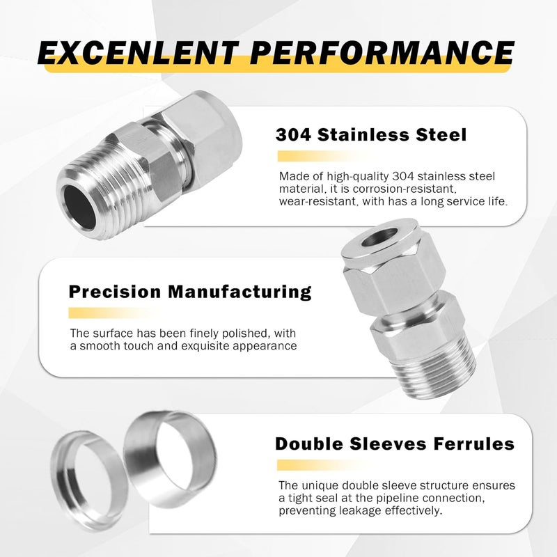 Yoebor Stainless Steel 304 Compression Tube Fitting Straight Adapter Connector with Double Ferrules 1/2" OD x 1/4" NPT Male, Pack of 2 - Image 3