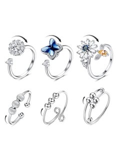 6 Pcs Silver Plated Rings Set, Fidget Anxiety Rings for Women, Adjustable Open Ring Set, Stack Rings Above Knuckle, Stress Relief Stackable Rings, Gift for Women Men Girls
