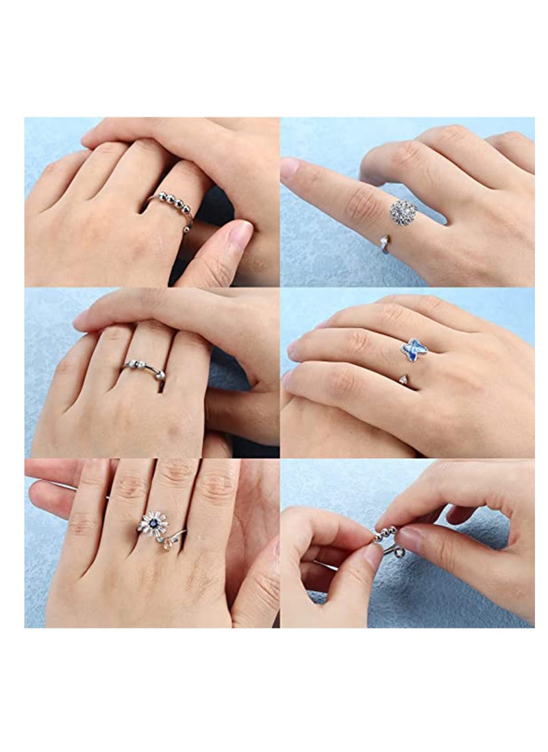 Generic - 6 Pcs Silver Plated Rings Set, Fidget Anxiety Rings for Women, Adjustable Open Ring Set, Stack Rings Above Knuckle, Stress Relief Stackable Rings, Gift for Women Men Girls - Image 1