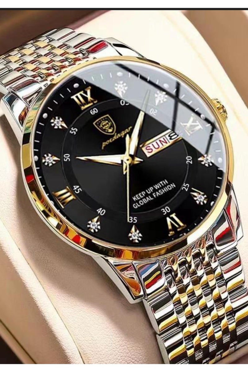 پوداجار ساعة رجالية من الفولاذ المقاوم للصدأ، ساعات كوارتز للأعمال مقاومة للماء، مضيئة، تاريخ الأسبوع، ساعة يد رجالية - 42 ملم - Image 2