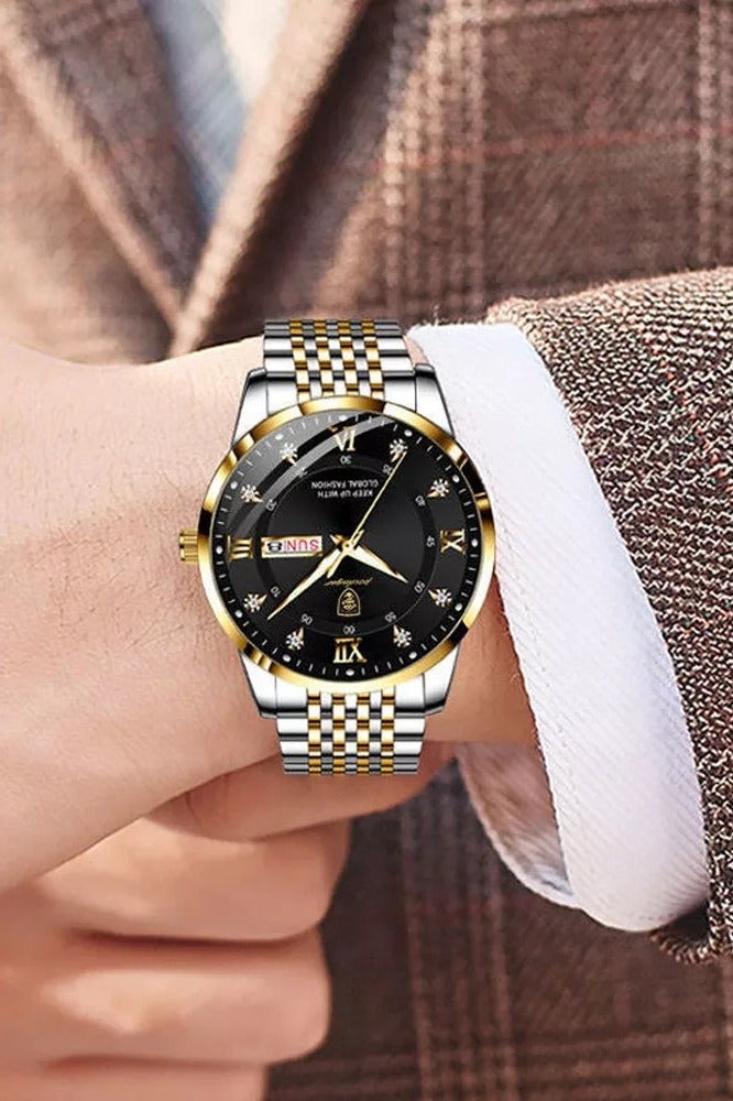 پوداجار ساعة رجالية من الفولاذ المقاوم للصدأ، ساعات كوارتز للأعمال مقاومة للماء، مضيئة، تاريخ الأسبوع، ساعة يد رجالية - 42 ملم - Image 4