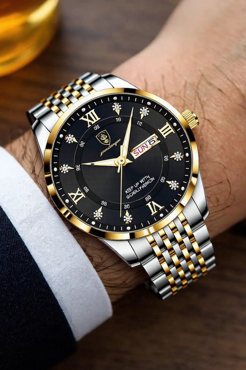 پوداجار ساعة رجالية من الفولاذ المقاوم للصدأ، ساعات كوارتز للأعمال مقاومة للماء، مضيئة، تاريخ الأسبوع، ساعة يد رجالية - 42 ملم - Image 3