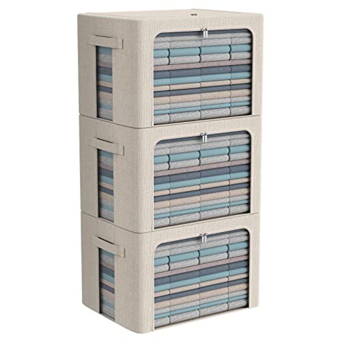 CYhom 3Pack Foldable Storage Bins - Frame Storage Box Linen Fabric Stackable Clothes Container Organizer with Clear Window & Carry Handles Large Capacity (Large-66L, Beige)