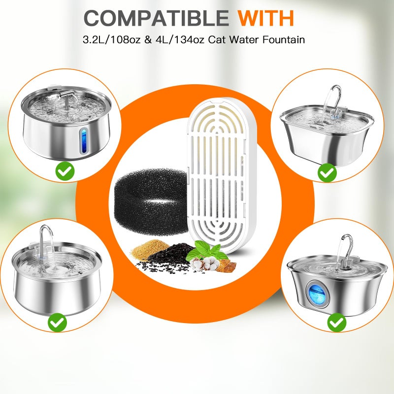 Petilog Cat Water Fountain Filters for 108/3.2L& 4L/134oz Stainless Steel Pet Water Dispenser Fountain Filters (6 Filters& 6Sponges) - Image 2
