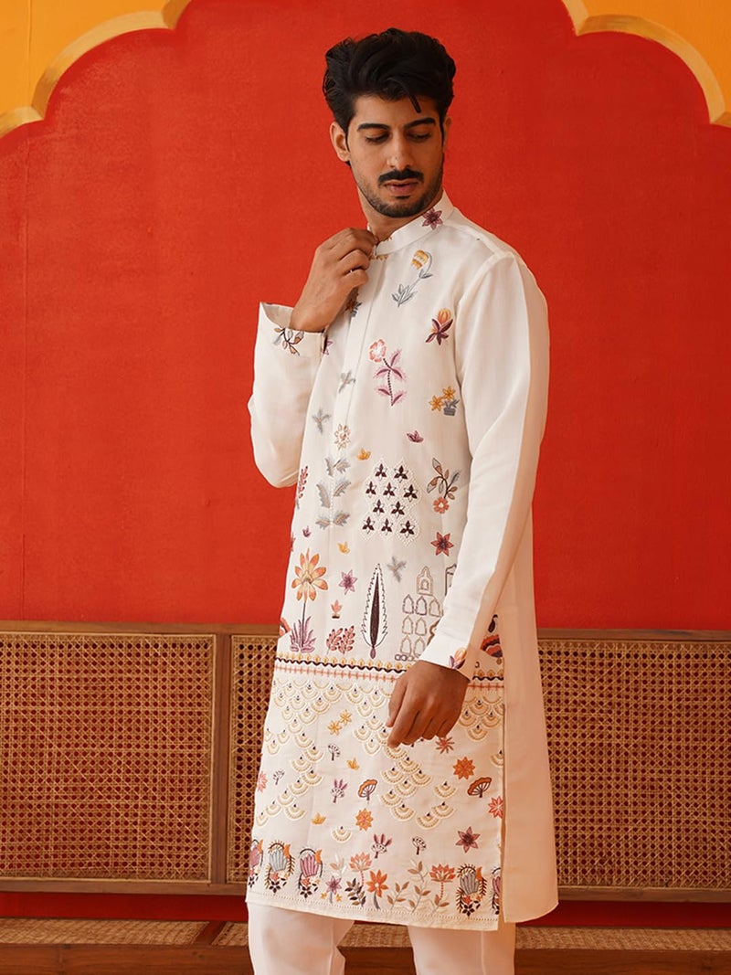 Jompers White Floral Embroidered and Sequins Kurtas (White, XL) - Image 4
