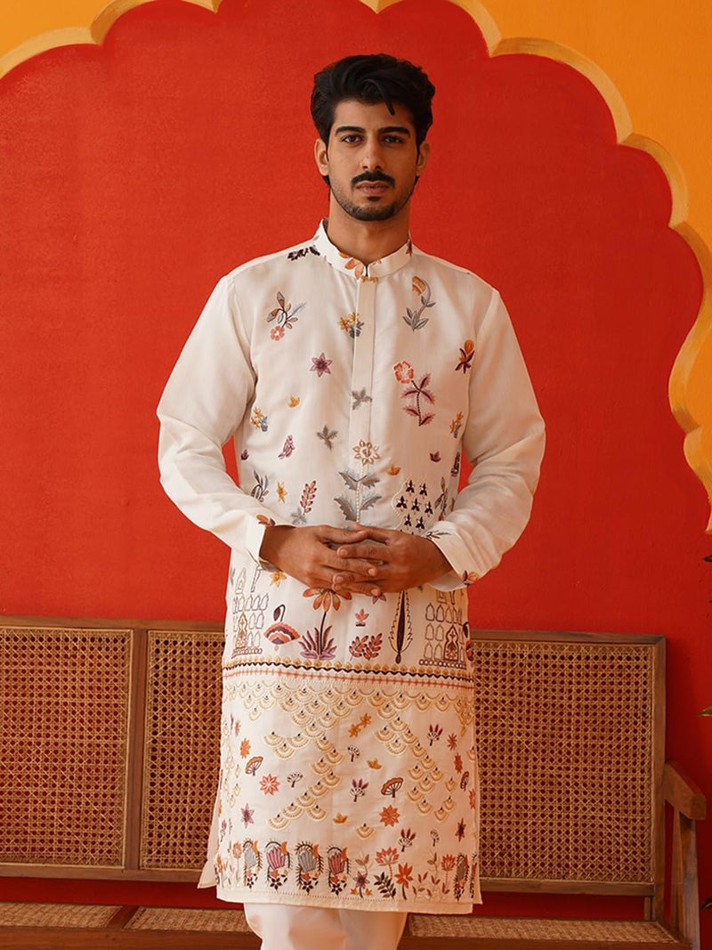 Jompers White Floral Embroidered and Sequins Kurtas (White, XL) - Image 5