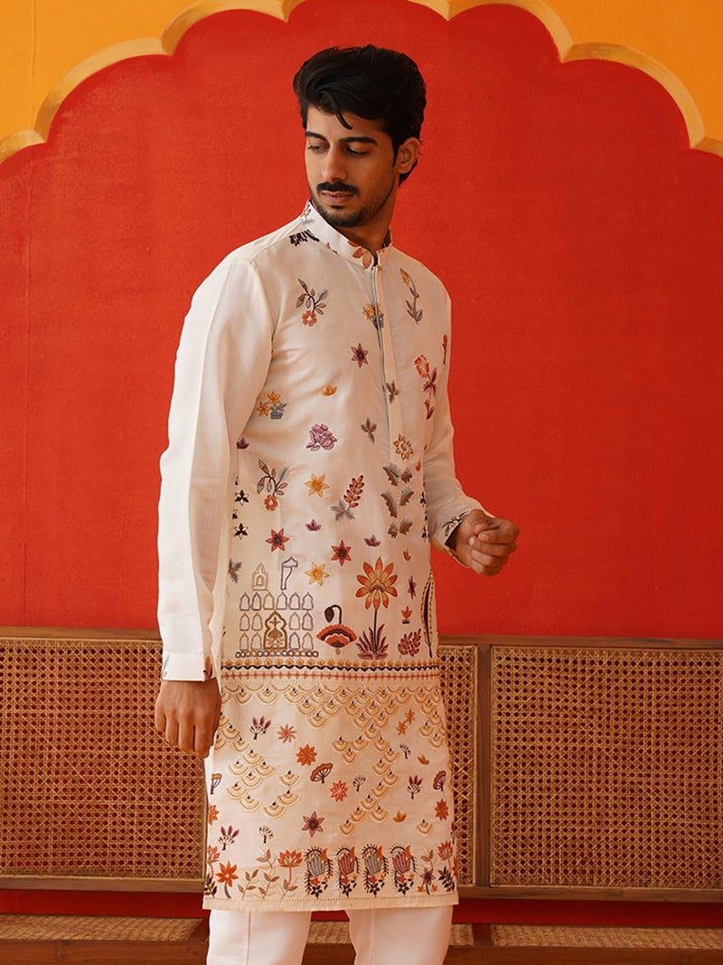 Jompers White Floral Embroidered and Sequins Kurtas (White, XL) - Image 3