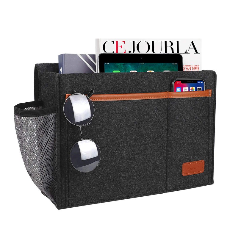 WantuSee Bedside Caddy Bed Storage Organizer for Remote Controller Books Magzine Laptop Holder 124 x 86 inch Bedside Hanging Felt Storage Bag for Dorm Bed with 5 Pockets Dark Gray