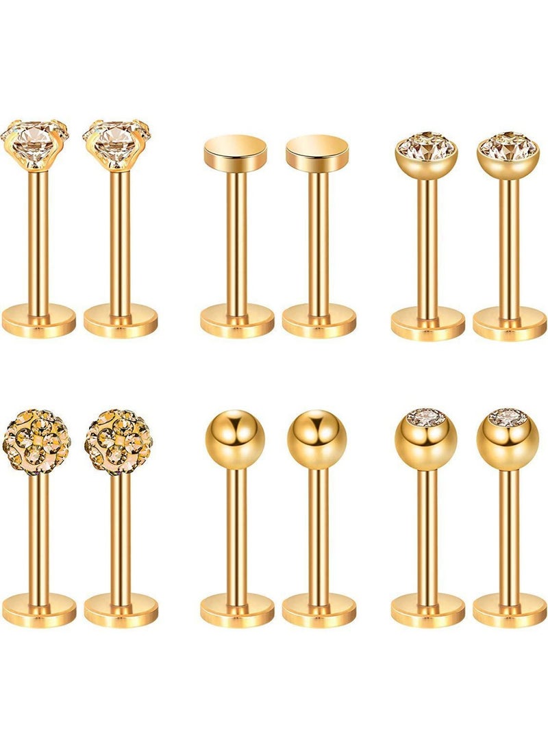 Arabest 6 Pairs Stainless Steel Nose Studs Tragus Earrings Lip Rings Diamond Labret Bars Crystal Ball Body Jewelry, Nose Lips Assorted Design Jewelry, 6 Designs, 16 Gauge(Gold) - Image 1
