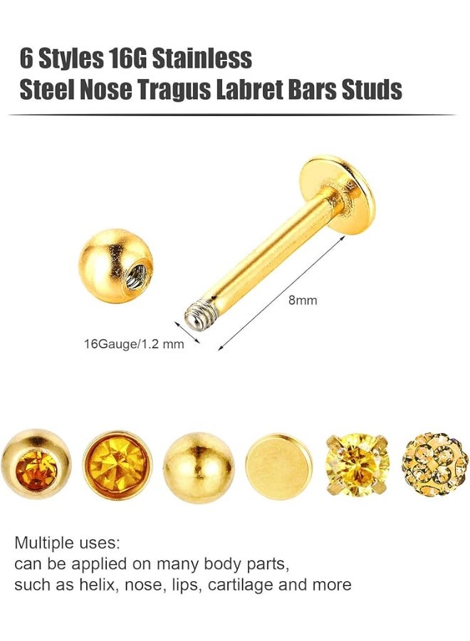 Arabest 6 Pairs Stainless Steel Nose Studs Tragus Earrings Lip Rings Diamond Labret Bars Crystal Ball Body Jewelry, Nose Lips Assorted Design Jewelry, 6 Designs, 16 Gauge(Gold) - Image 2