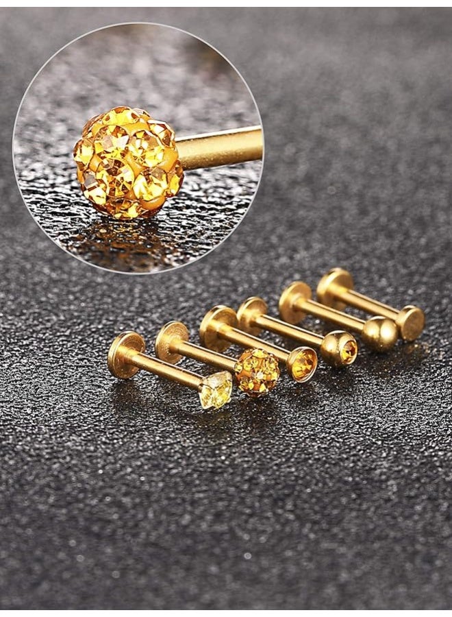 Arabest 6 Pairs Stainless Steel Nose Studs Tragus Earrings Lip Rings Diamond Labret Bars Crystal Ball Body Jewelry, Nose Lips Assorted Design Jewelry, 6 Designs, 16 Gauge(Gold) - Image 3