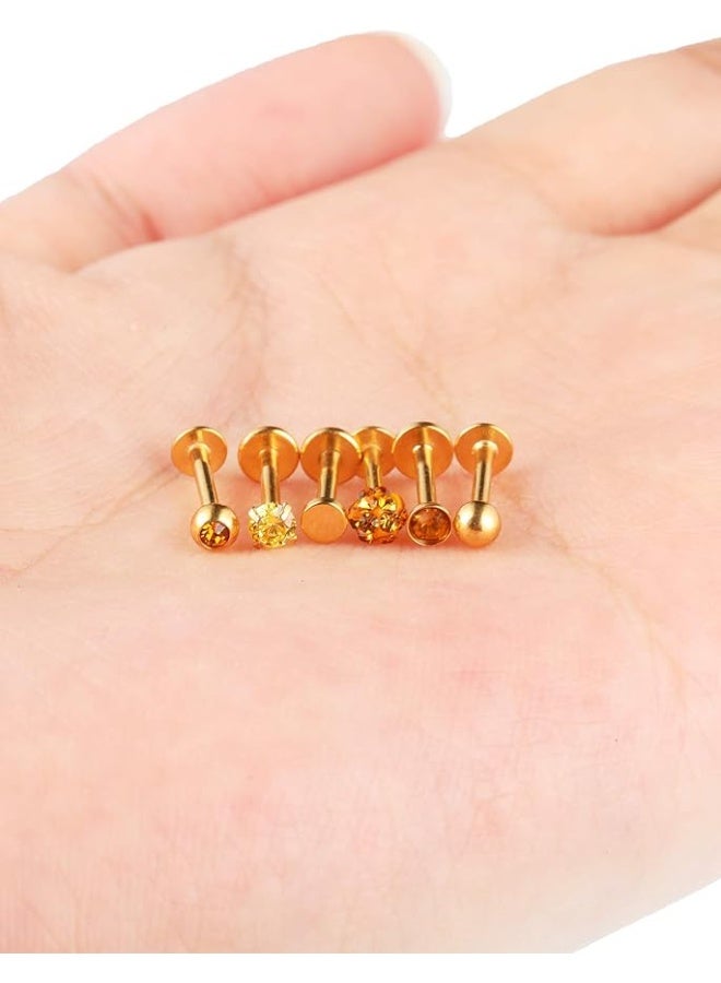 Arabest 6 Pairs Stainless Steel Nose Studs Tragus Earrings Lip Rings Diamond Labret Bars Crystal Ball Body Jewelry, Nose Lips Assorted Design Jewelry, 6 Designs, 16 Gauge(Gold) - Image 4