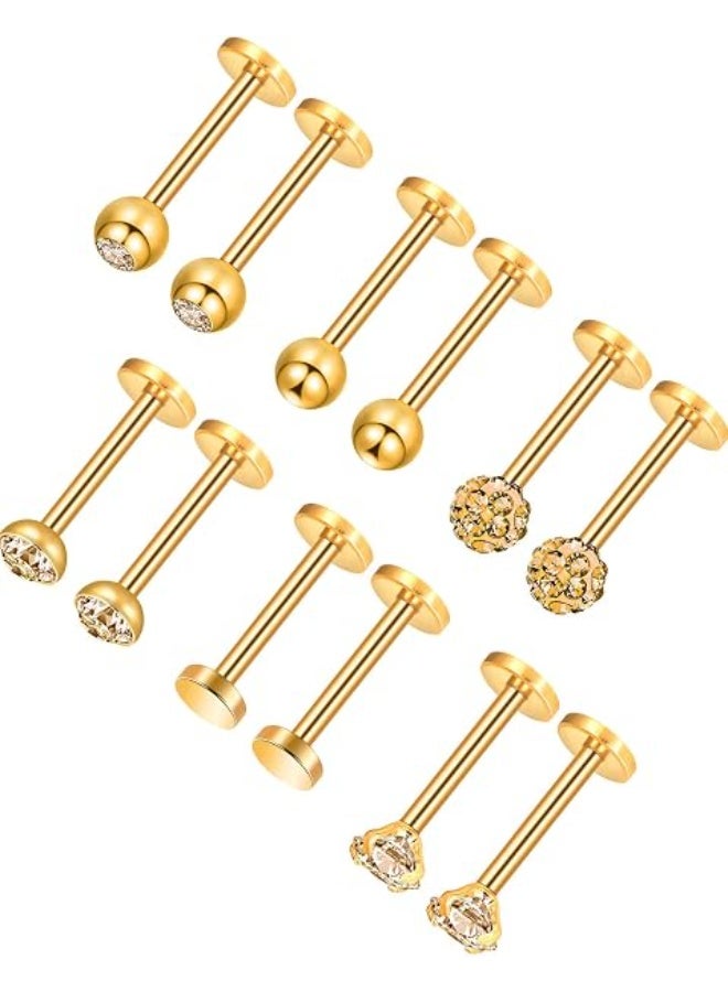 Arabest 6 Pairs Stainless Steel Nose Studs Tragus Earrings Lip Rings Diamond Labret Bars Crystal Ball Body Jewelry, Nose Lips Assorted Design Jewelry, 6 Designs, 16 Gauge(Gold) - Image 5