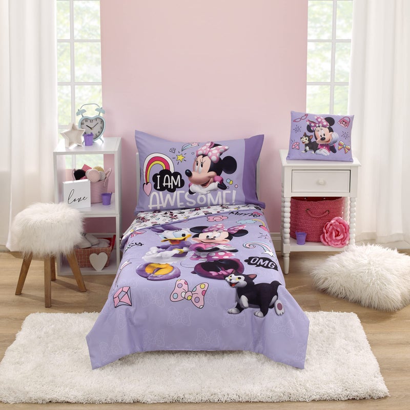 Disney Minnie Mouse I am Awesome Lavender Pink and White with BFF Daisy Duck and Figaro The Cat 4 Piece Toddler Bed Set Comforter Fitted Bottom Sheet Flat Top Sheet and Reversible Pillowcase
