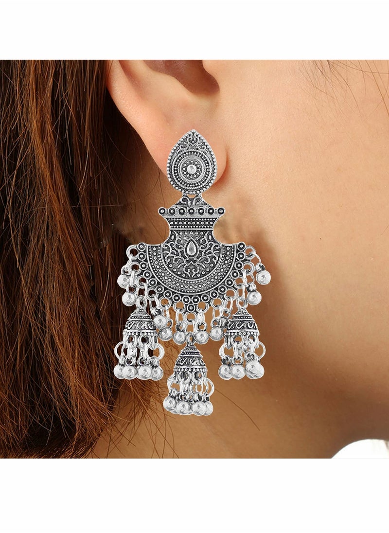 KASTWAVE Vintage Earrings Traditional Retro Silver Gold Boho Jewelry Ethnic Tribal Gypsy Engraved Hook Drop Dangle Jhumka Bells Tassel Earrings for Women Girls 3 Pair/Set  - Image 4