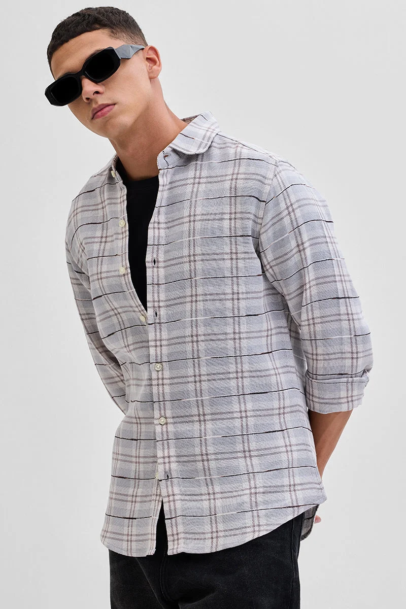 سنيتش Light Grey Checkered Long Sleeve Slim Fit Casual Shirt
