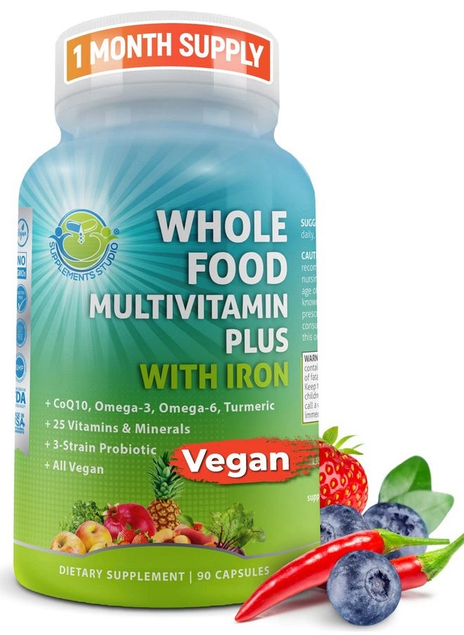 Supplements Studio - Vegan Whole Food Multivitamin With Iron Daily Multivitamin For Women And Men Organic Fruits & Vegetables Bcomplex Probiotics Enzymes Coq10 Omegas Turmeric All Natural Nongmo 90 Count - Image 1