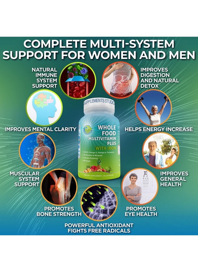 Supplements Studio - Vegan Whole Food Multivitamin With Iron Daily Multivitamin For Women And Men Organic Fruits & Vegetables Bcomplex Probiotics Enzymes Coq10 Omegas Turmeric All Natural Nongmo 90 Count - Image 1