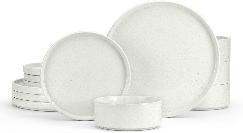 E-far Efar Stoneware Dinnerware Sets 12Piece Plates and Bowls Dish Set for 4 Kitchen Modern Dinning Dishware Chip and Scratch Resistant Microwave  Dishwasher Safe Speckled White - Image 1