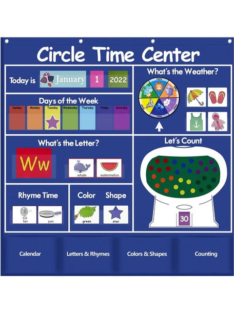 Circle Time Learning Center Pocket Chart, Heavy-Duty Kids Calendar for Classroom, Educational Pocket Chart Learning Calendar Weather Letter Counting Rhyme Color Shape, Great for Classroom