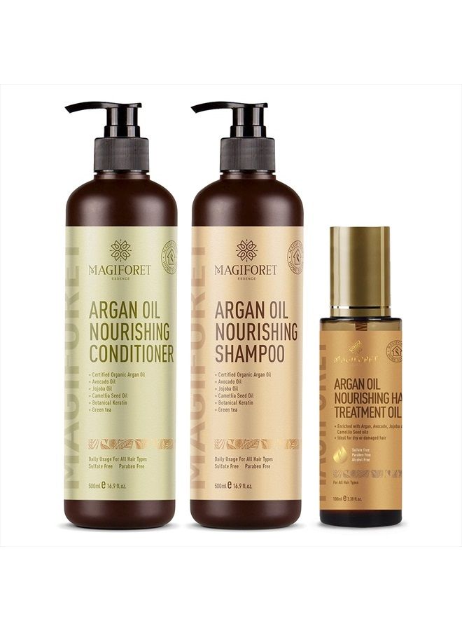 MagiForet Argan Oil Nourishing Daily Care Set, Shampoo 500ml + Conditioner 500ml + Hair Serum 100ml, Sulfate Free Paraben Free, Soft & Smooth, Gentle on Frizz, Curly & Color Treated Hair - Image 1