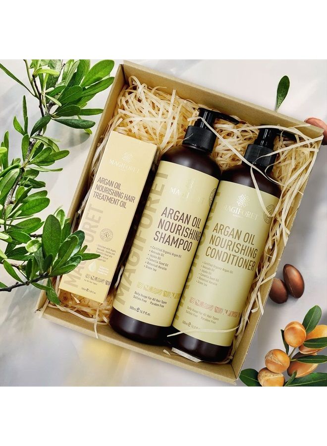 MagiForet Argan Oil Nourishing Daily Care Set, Shampoo 500ml + Conditioner 500ml + Hair Serum 100ml, Sulfate Free Paraben Free, Soft & Smooth, Gentle on Frizz, Curly & Color Treated Hair - Image 2