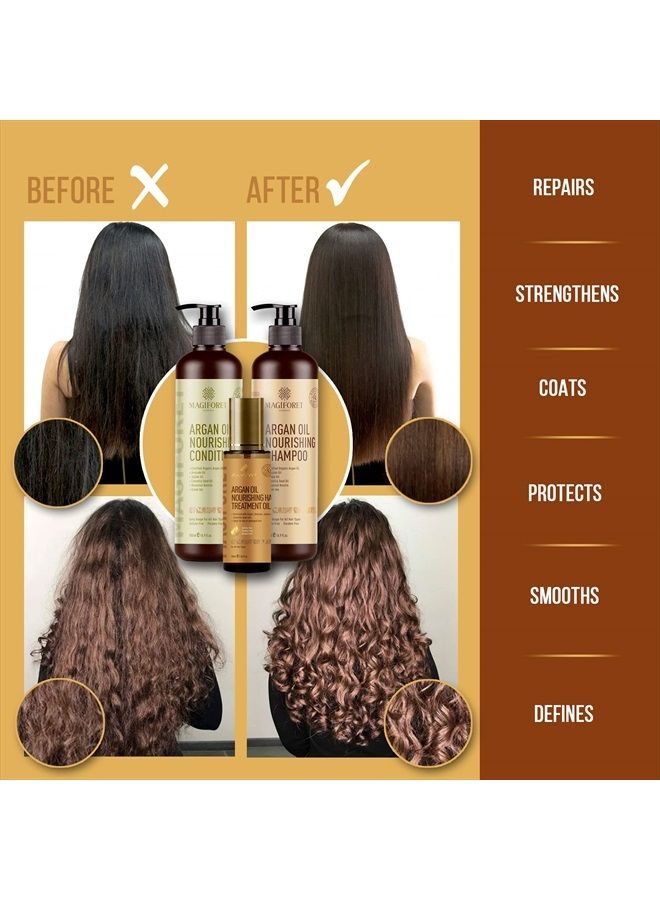 MagiForet Argan Oil Nourishing Daily Care Set, Shampoo 500ml + Conditioner 500ml + Hair Serum 100ml, Sulfate Free Paraben Free, Soft & Smooth, Gentle on Frizz, Curly & Color Treated Hair - Image 3
