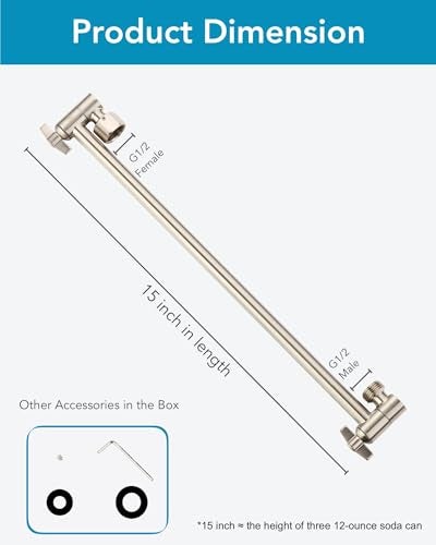 Singing Rain 15 Inch Extra Long Adjustable Shower Head Extension Arm With Locking Set Screw, Singing Rain Brass Angle Height Adjustable, Easy To Install, G1/2 Universal Connector Compatible (Nickel Brushed) - Image 5